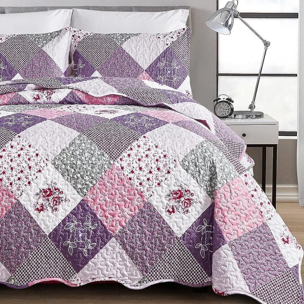 New Purple Floral Patchwork 3-Piece Bedding Quilt Set • KING Size